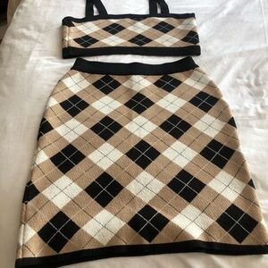 Coco and Shay Argyle knit Two Piece Set -Crop Top and Skirt Black,White, and Tan